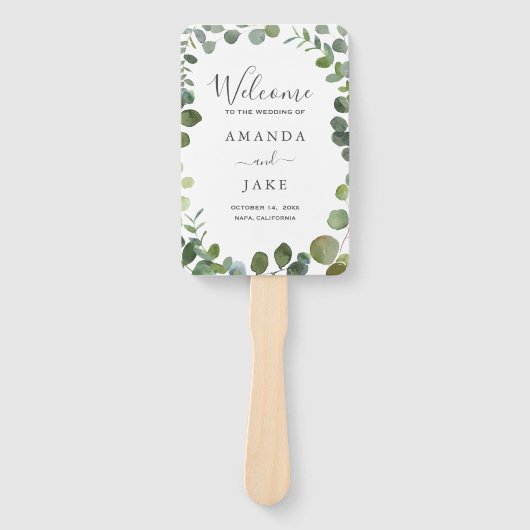 Eucalyptus Grove Groenery Bruiloft Welkom Handwaaier (Voorkant)