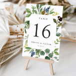 Eucalyptus Grove Personalized Table Number Kaart<br><div class="desc">De de lijstaantalkaarten van de tuinsteen kenmerken een grens van groene waterverf blad en eucalyptusbladeren,  die uw lijstaantal in rijk van-zwart ontwerpen. Pas uw naam aan met uw trouwdatum of noem elke tafel een extra persoonlijke aanraking. Het ontwerp herhaalt zich aan de achterzijde. Coördinaten met onze Eucalyptus Grove trouwuitnodigingssuite.</div>