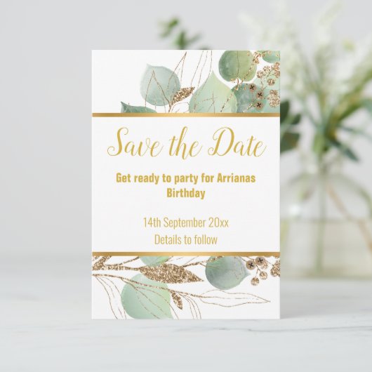 EUCALYPTUS GULD WITTE RSVP-KAART RSVP KAARTJE (Staand voorkant)
