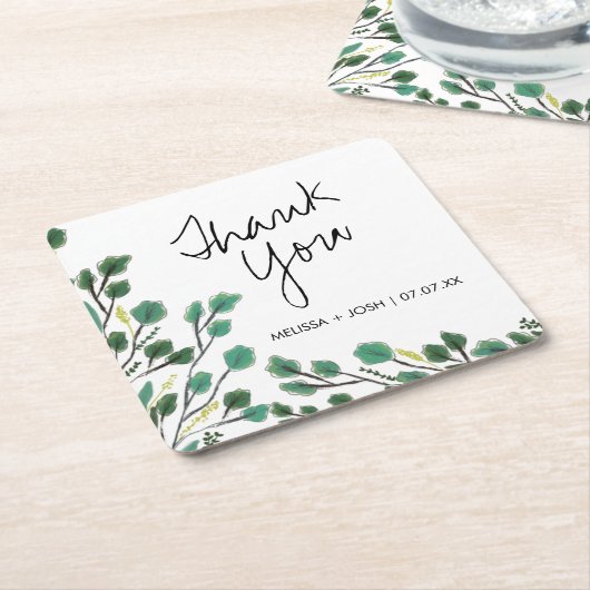 Eucalyptus Hand Drawn Leaf Dank je Kartonnen Onderzetters (Schuin)