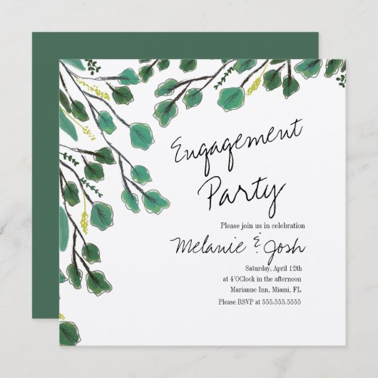 Eucalyptus Hand Drawn Leaf Script Engagement Party Kaart (Voorkant / Achterkant)
