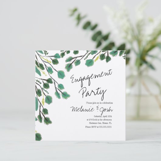 Eucalyptus Hand Drawn Leaf Script Engagement Party Kaart (Staand voorkant)