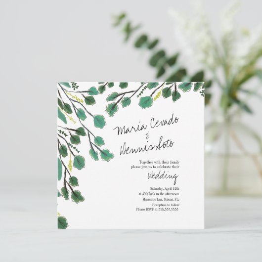 Eucalyptus Hand Drawn Leaf Script Weddenschap Kaart (Staand voorkant)