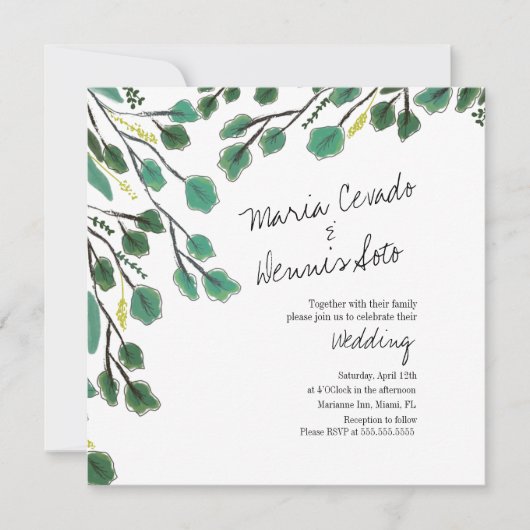 Eucalyptus Hand Drawn Leaf Script Weddenschap Kaart (Voorkant)