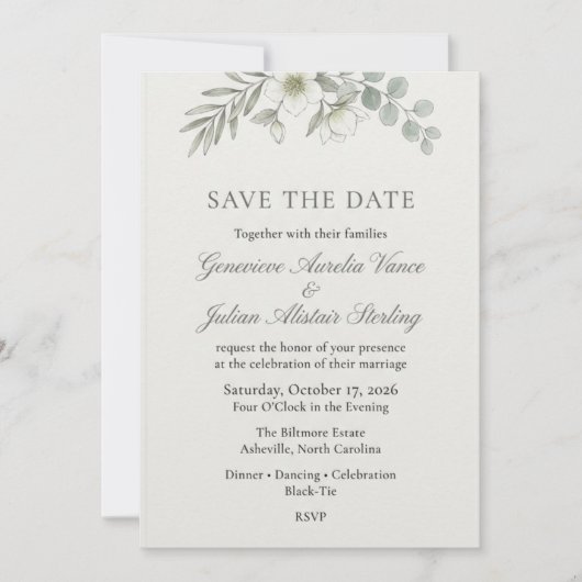 Eucalyptus & Hellebore Botanische Elegante Save  Kaart (Voorkant)