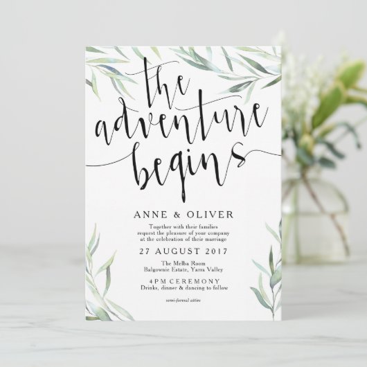 Eucalyptus Het avontuur begint bruiloft uitnodigin Kaart (Staand voorkant)