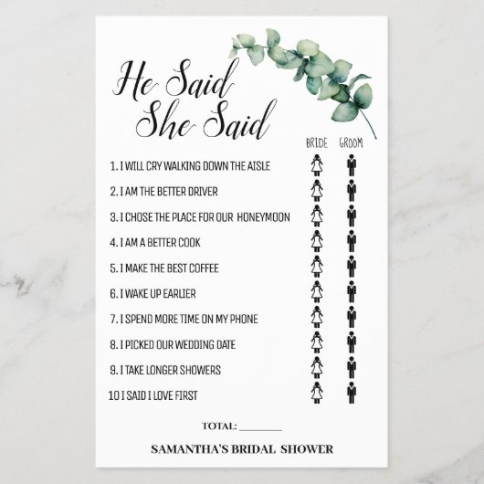 Eucalyptus Hij zei Zij zei Douche spelkaart Flyer (Voorkant)