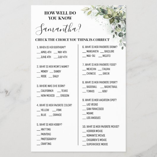 Eucalyptus Hoe goed ken je de Bride Game-kaart? Flyer (Voorkant)