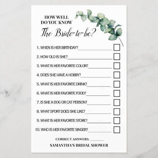 Eucalyptus Hoe goed ken je de Bride Game-kaart? Flyer (Voorkant)