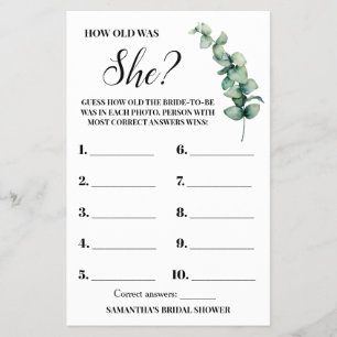 Eucalyptus Hoe oud was haar Vrijgezellenfeest game Flyer