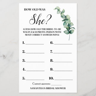 Eucalyptus Hoe oud was haar Vrijgezellenfeest game Flyer