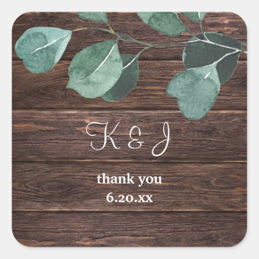 Eucalyptus & hout groen monogram vierkante sticker (Voorkant)