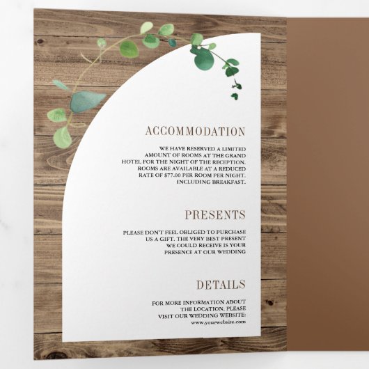 Eucalyptus hout kruis alles in één katholieke brui drieluik uitnodiging (Binnenzijde eerst)