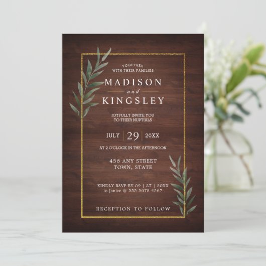 Eucalyptus Houten Wand Rechthoek Moderne Trouwfees Kaart (Staand voorkant)