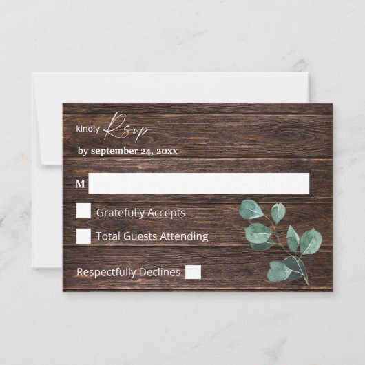 Eucalyptus & Houtgroen geen Maaltijd RSVP Kaartje (Voorkant)