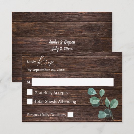 Eucalyptus & Houtgroen geen Maaltijd RSVP Kaartje (Voorkant / Achterkant)