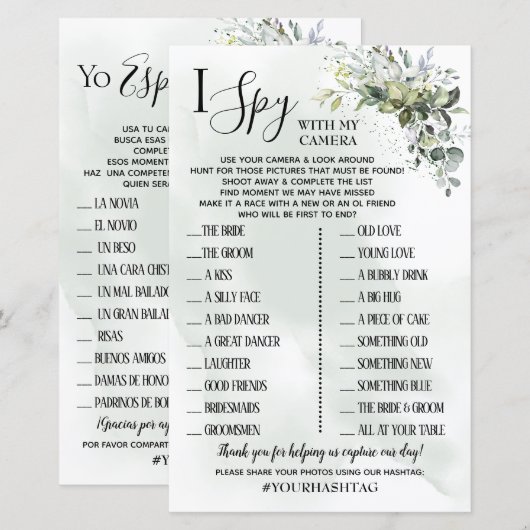 Eucalyptus I Spy huwelijksreceptie tweetalig spel (Voorkant / Achterkant)