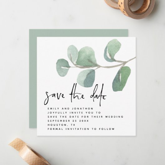 Eucalyptus Informeel Script De datum opslaan Notitiekaartje (Voorkant / Achterkant in situ)