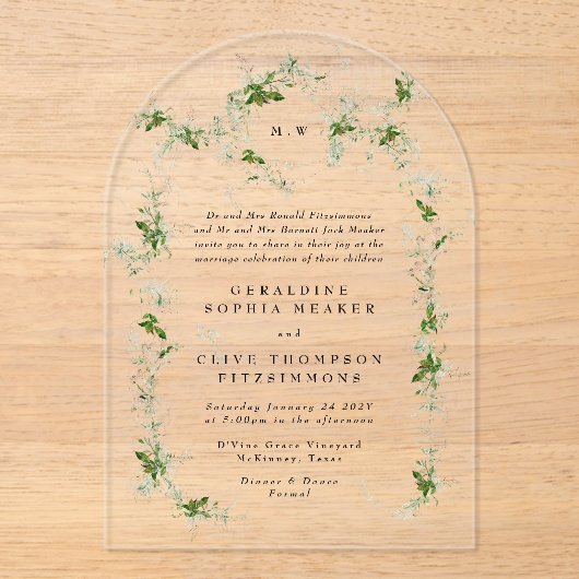 Eucalyptus Ingelijste Krans Monogram Trouwboog Acryl Uitnodigingen (Voorkant)