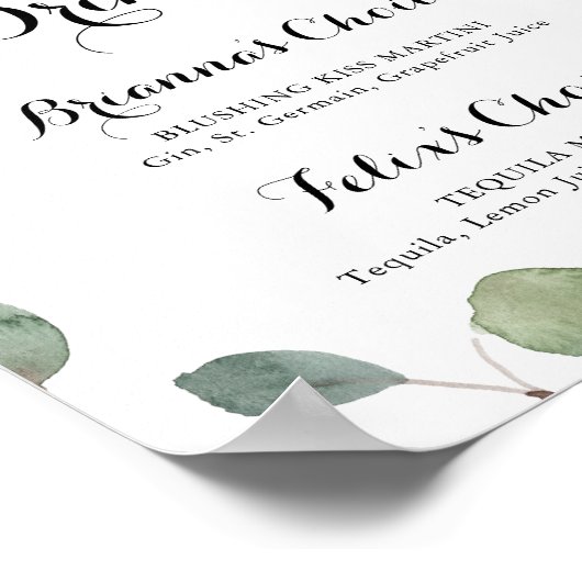 Eucalyptus kalligrafie handtekening drankjes bord poster (Hoek)