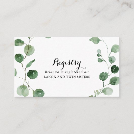 Eucalyptus Kalligrafie Huwelijkscadeau Registry Informatiekaartje (Voorkant)