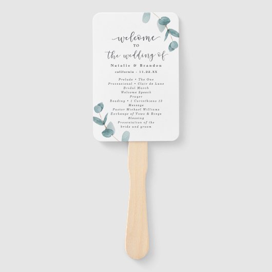 Eucalyptus & kalligrafie huwelijksceremonie progra handwaaier (Voorkant)