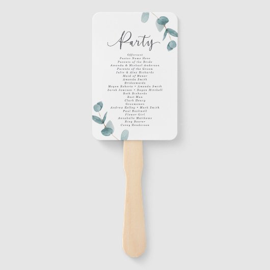 Eucalyptus & kalligrafie huwelijksceremonie progra handwaaier (Achterkant)