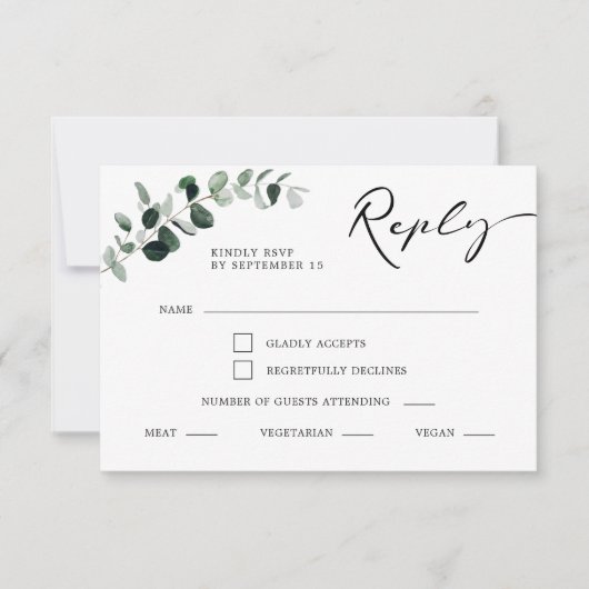 Eucalyptus Kalligrafie Maaltijd Keuze Bruiloft RSVP Kaartje (Voorkant)