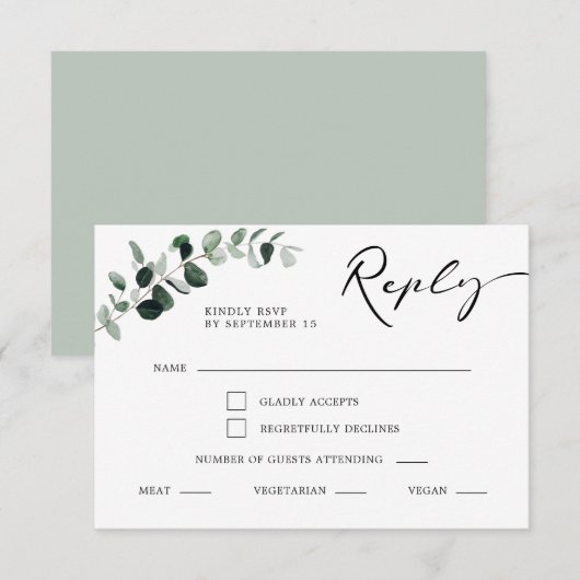 Eucalyptus Kalligrafie Maaltijd Keuze Bruiloft RSVP Kaartje (Voorkant / Achterkant)