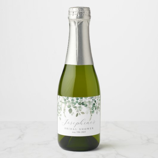 Eucalyptus kalligrafie script mini fles labels sparkling wijnetiket (Voorkant)