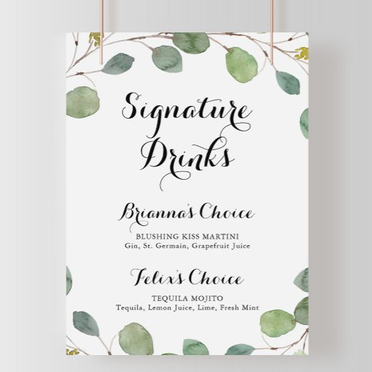 Eucalyptus kalligrafie signature drankjes bord poster