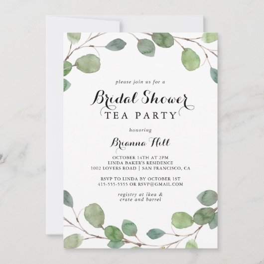 Eucalyptus kalligrafie Vrijgezellenfeest Tea Party Kaart (Voorkant)