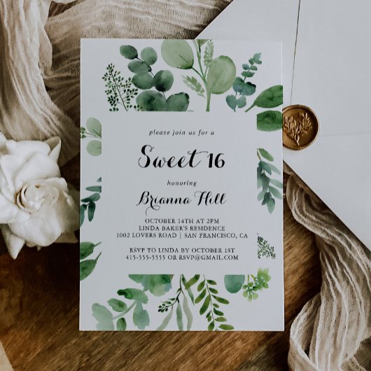 Eucalyptus kalligrafie zoet 16 verjaardagsfeestje kaart