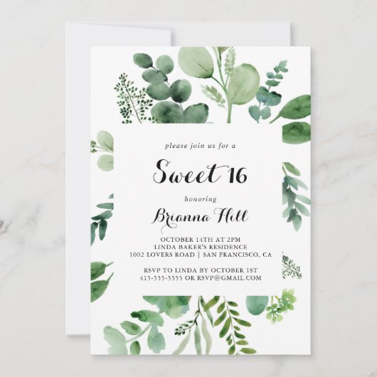 Eucalyptus kalligrafie zoet 16 verjaardagsfeestje kaart (Voorkant)