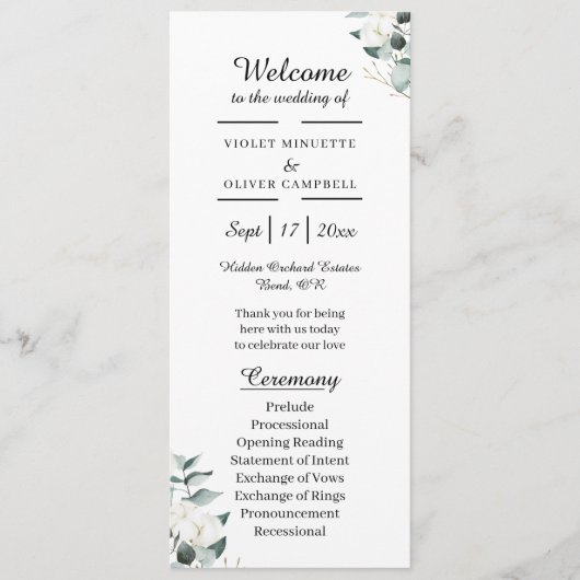 Eucalyptus Katoen | Witte Moderne Bruidsfeest Plat Programmakaart (Voorkant)