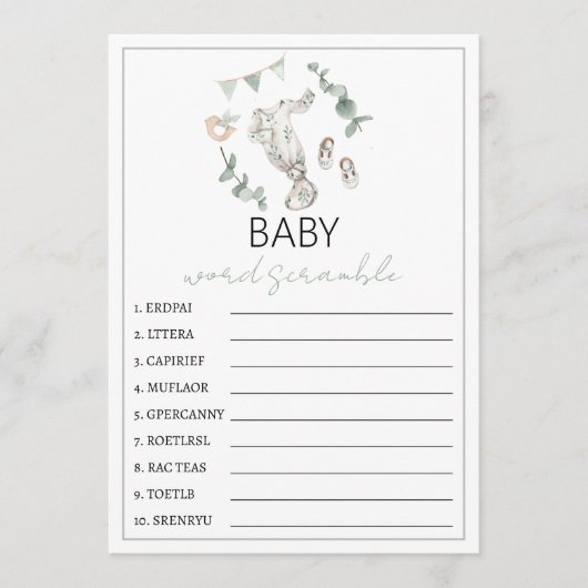 Eucalyptus kleding babyjongen douche woordscramble advieskaart (Voorkant)