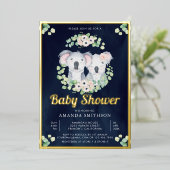 Eucalyptus Koala Beer Twins Navy Baby shower Gold Folie Uitnodiging (Staand Voorkant)