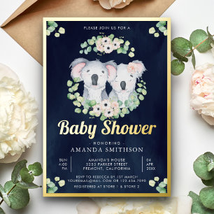 Eucalyptus Koala Beer Twins Navy Baby shower Gold Folie Uitnodiging