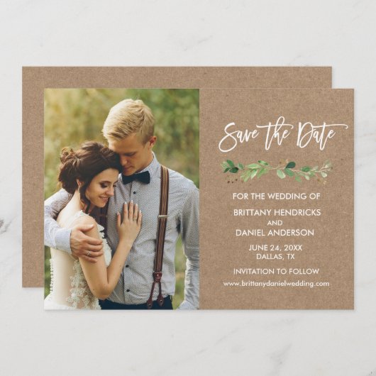 Eucalyptus Kraft-foto penseelscript Save The Date (Voorkant / Achterkant)