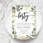Eucalyptus krans 40e verjaardagsfeest kaart<br><div class="desc">Uitnodiging voor het 40e verjaardagsfeestje. Elegant floraal botanisch ontwerp in groen wit en faux glitter goud. Stijlvol modern design met handgeschilderde waterverf groen eucalyptus krans en script lettertype. Perfect voor een stijlvolle veertigste dagviering. Personaliseer met je eigen gegevens. Kan voor om het even welke leeftijd worden aangepast! Gedrukte Zazzle-uitnodigingen of...</div>