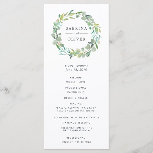 Eucalyptus krans bruiloft ceremonie programma programmakaart (Voorkant)