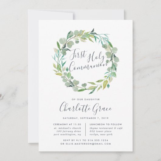 Eucalyptus krans Eerste Heilige Communie Uitnodigi Kaart (Voorkant)