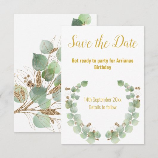 EUCALYPTUS-KRANS GOUD WIT ANTWOORD RSVP-KAART (Voorkant / Achterkant)