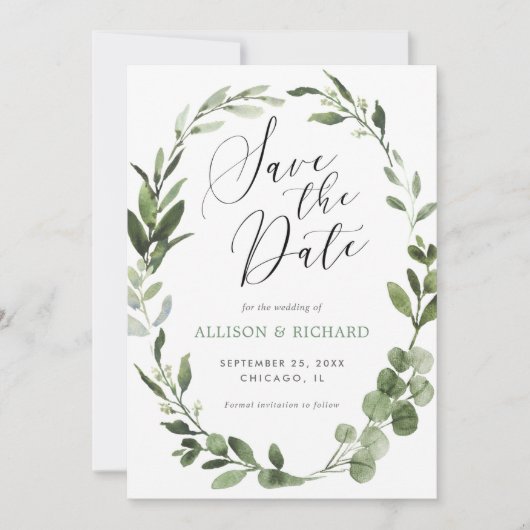 Eucalyptus krans groen eenvoudig Save the Date Kaart (Voorkant)
