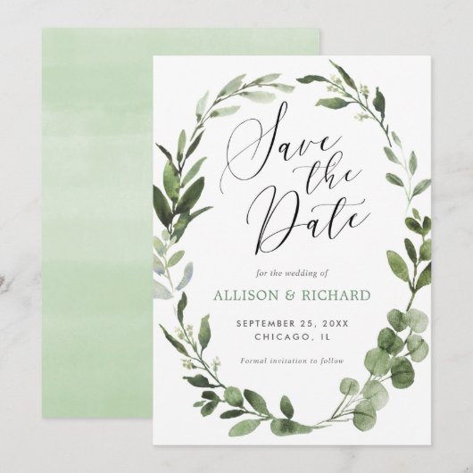 Eucalyptus krans groen eenvoudig Save the Date Kaart (Voorkant / Achterkant)