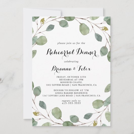 Eucalyptus krans kalligrafie repetitie diner kaart (Voorkant)