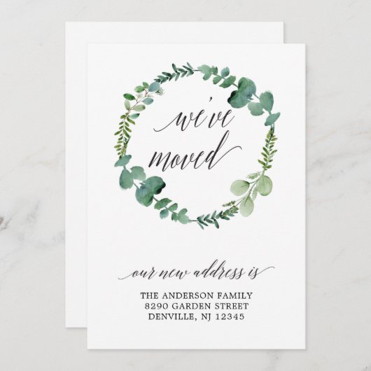 Eucalyptus krans kalligrafie script verplaatsen aankondiging (Voorkant / Achterkant)