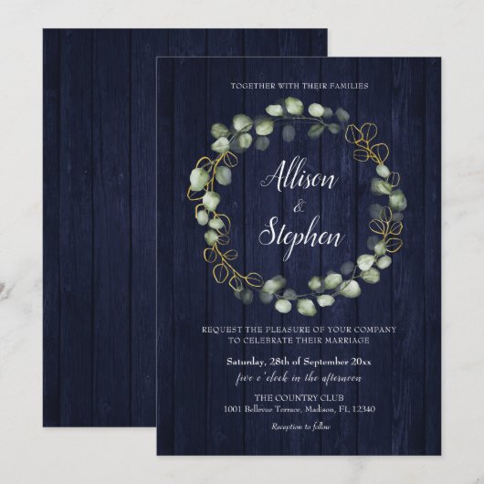 Eucalyptus Krans Marine Blauwe Huwelijk Kaart (Voorkant / Achterkant)