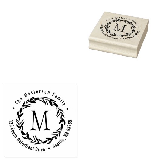 Eucalyptus krans monogram familie retour adres rubberstempel (Gestempeld)