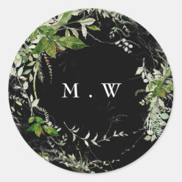 Eucalyptus krans monogram premium zwarte envelop ronde sticker